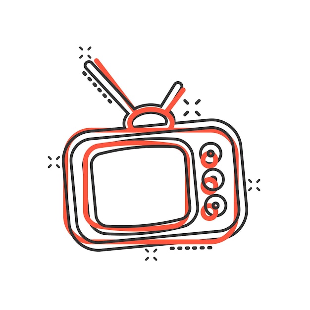 Icono de Tv en estilo cómico Ilustración de vector de signo de dibujos animados de televisión sobre fondo blanco aislado Concepto de negocio de efecto de salpicadura de canal de video