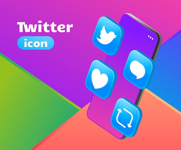 Icono de twitter logo 3d con smartphone