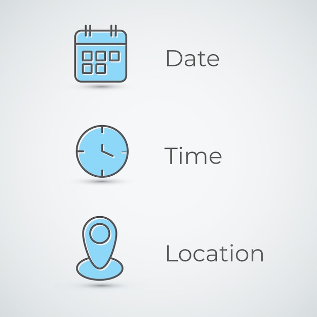 Ícono de ubicación de fecha hora azul reloj calendario ícono de ubicación icono web conjunto de íconos vector ilustración moderna