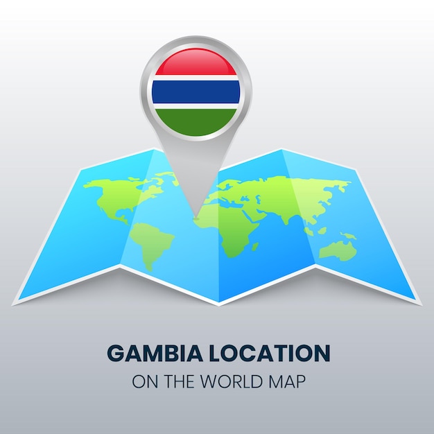 Icono de ubicación de gambia en el mapa mundial, icono de pin redondo de gambia