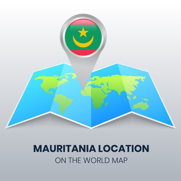 Icono de ubicación de mauritania en el mapa mundial, icono de pin redondo de mauritania