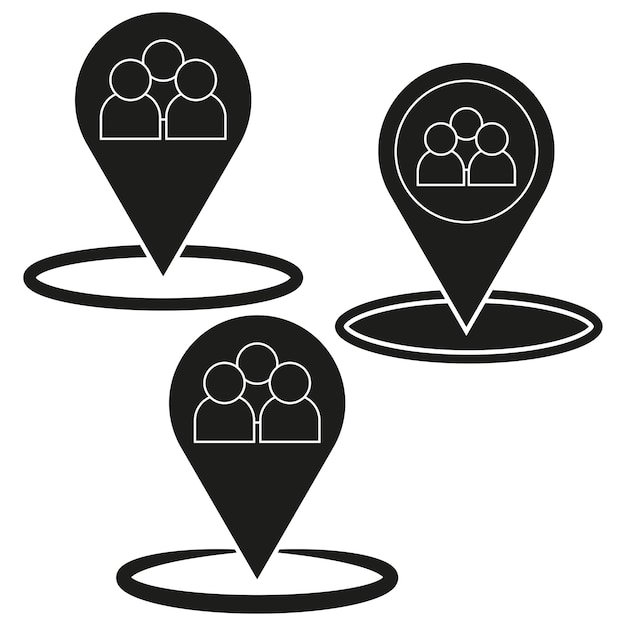 Icono de ubicación de las personas Marcador del mapa del grupo Signo de posición de la comunidad Vector de punto negro