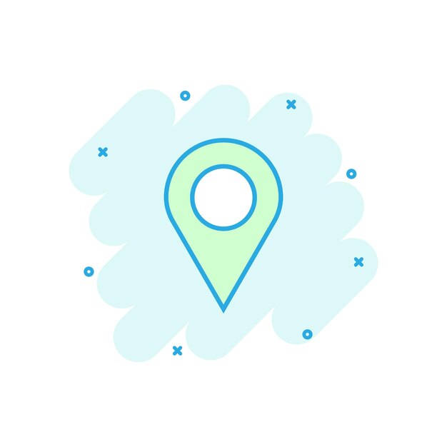 Icono de ubicación de pin de dibujos animados de vector en estilo cómico Mapa de navegación gps signo ilustración pictograma Pin negocio efecto de salpicadura concepto
