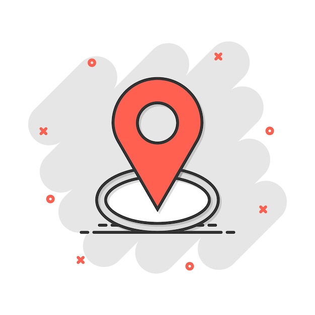 Icono de ubicación de pin de dibujos animados de vector en estilo cómico Mapa de navegación gps signo ilustración pictograma Pin negocio efecto de salpicadura concepto