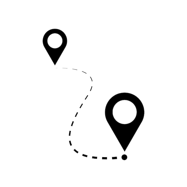 Icono de ubicación de ruta, dos pines de mapa, señal y camino o camino, símbolo de inicio y fin de viaje, ilustración de vector de color negro aislado en fondo blanco