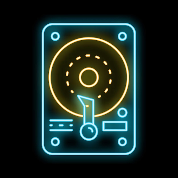 El icono de la unidad de disco duro de neón brillando sobre un fondo negro