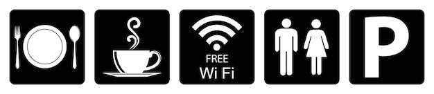 Ícono útil para restaurante Señal de comida disponible Señal de café disponible Señal de WiFi disponible Washroo