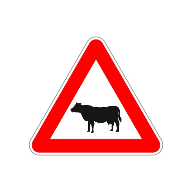 Icono de vaca en la señal de carretera triángulo rojo y blanco aislado en blanco