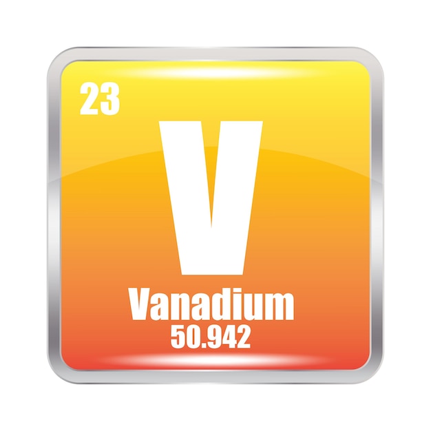 Ícono de vanadio V elemento químico Número atómico 23 Masa 50942 Imagen cuadrada naranja Símbolo vectorial