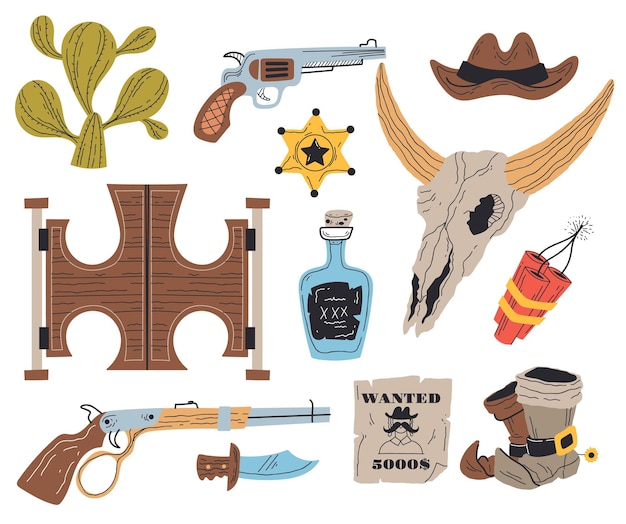 Icono de vaquero occidental oeste salvaje doodle estilo línea arte concepto conjunto dibujos animados diseño gráfico