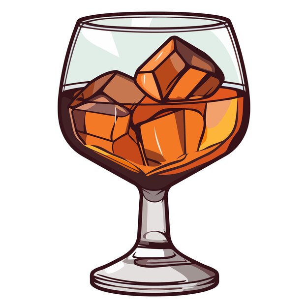 Icono de un vaso de brandy con cubos de hielo que representan una bebida alcohólica refinada