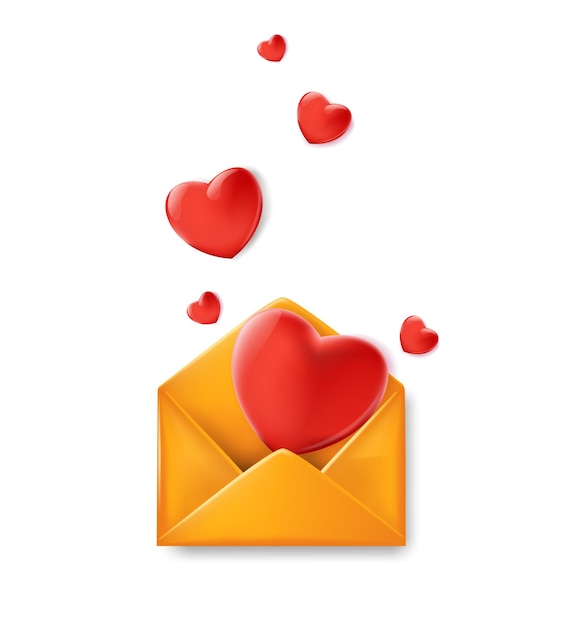 icono de vector 3d de una carta abierta en un sobre una carta postal con corazones rojos