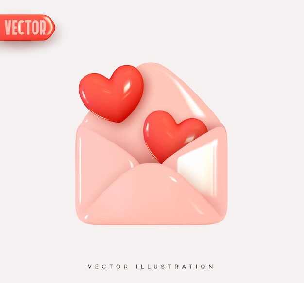 Icono de vector 3d carta de sobre abierto, carta de correo con corazón rojo. Elementos realistas para un diseño romántico. Objeto aislado sobre fondo rosa