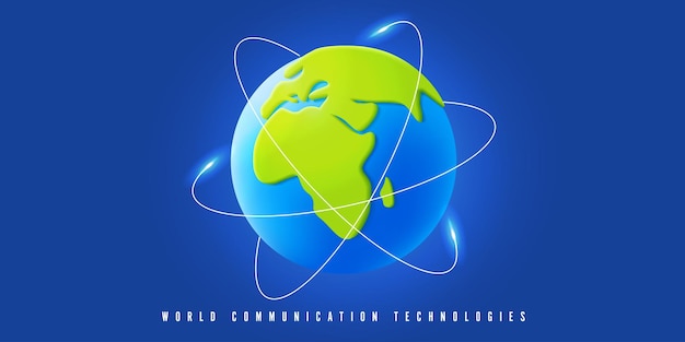 Icono de vector 3d planeta tierra con banner de tecnología de comunicación de líneas ovales de órbita