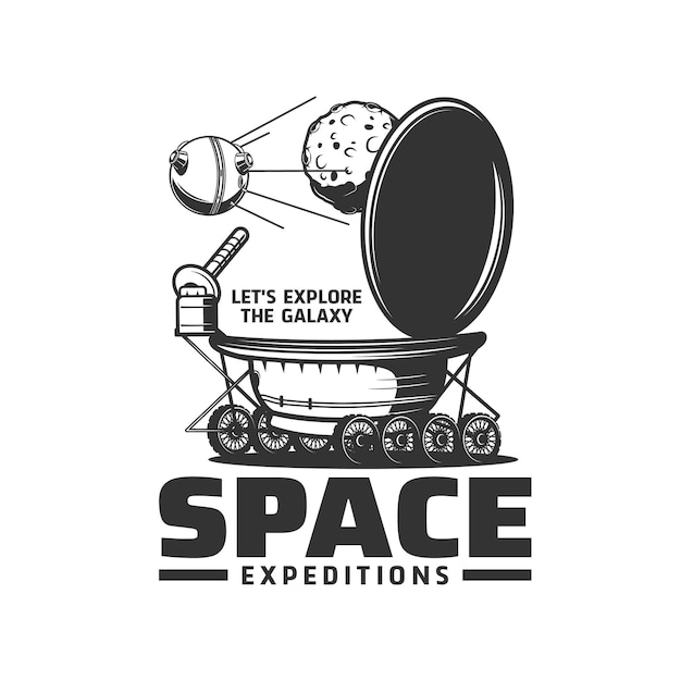 Icono de vector aislado de expedición espacial con galaxia universo Luna planeta, rover lunar y satélite. Vehículo de exploración espacial alimentado por batería o símbolo monocromo de robot teledirigido itinerante