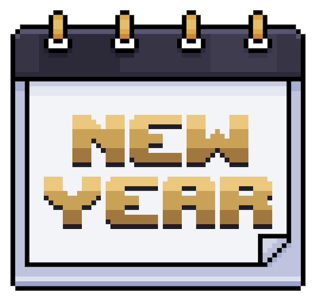 Icono de vector de año nuevo de calendario de arte de píxeles para juego de 8 bits sobre fondo blanco