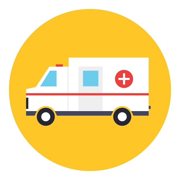 Icono de vector de autobús de servicio médico de emergencia de coche de ambulancia de estilo de dibujos animados en círculo sobre fondo blanco