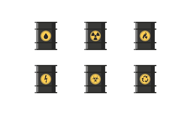 Icono de vector de barril de aceite con signo de peligro, varios contenedores con toxinas líquidas químicas peligrosas