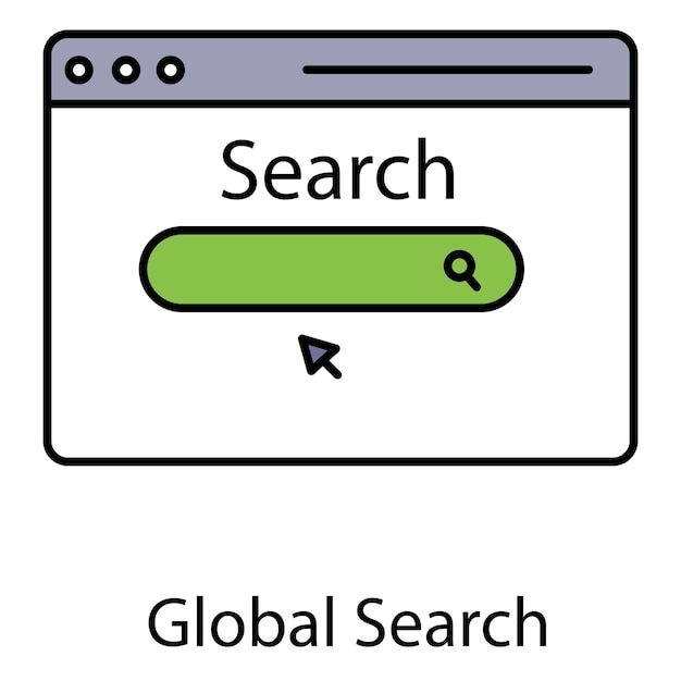 Ícono de vector de búsqueda global para investigación en línea, navegación web mundial y soluciones de red global