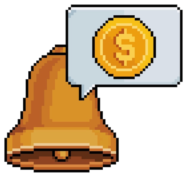 Icono de vector de campana de notificación de dinero de pixel art para juego de 8 bits sobre fondo blanco