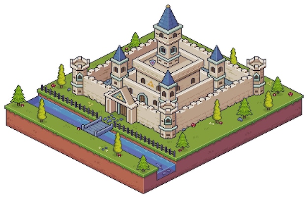 Icono de vector de castillo medieval isométrico de pixel art para juego de 8 bits sobre fondo blanco