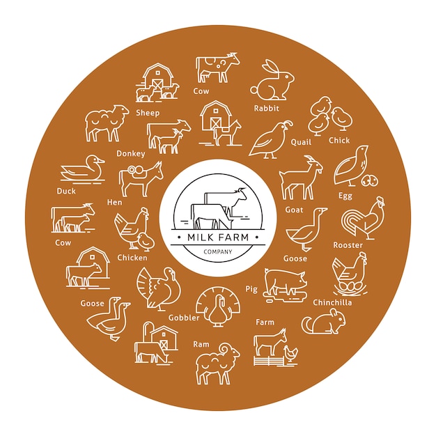 Icono de vector circular en un estilo de línea de siluetas de animales de granja.