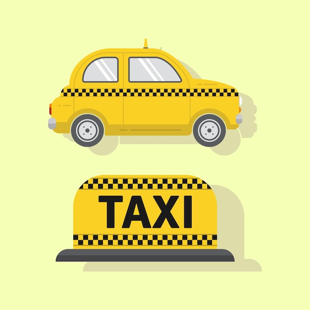 Icono de vector coche servicio de taxi color amarillo en estilo plano con sombra, así como un corrector con