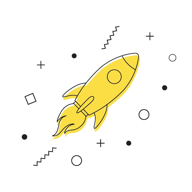 Icono de vector de cohete con formas geométricas sobre fondo blanco Lanzamiento de cohete espacial Nuevo concepto de inicio de proyecto Concepto de producto comercial en un mercado Vector