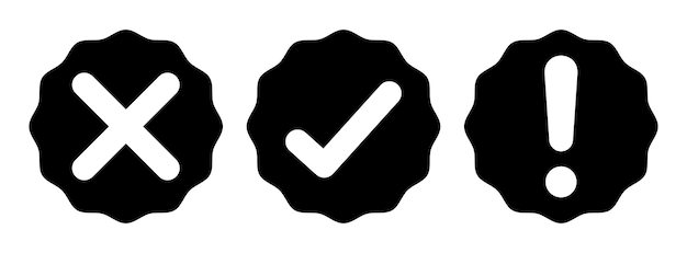 Icono de vector de color blanco y negro con símbolo de signo de exclamación y signo de error redondeado en estilo zigzag