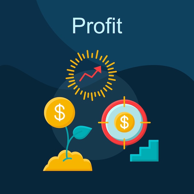 Icono de vector de concepto plano de beneficio. Conjunto de ilustraciones en color de dibujos animados de idea de ingresos. Capital, depósito, inversión. Crecimiento financiero. Ganar dinero. Inicio, desarrollo de negocios. Elemento de diseño gráfico aislado