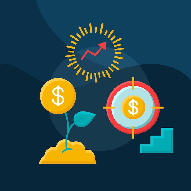 Icono de vector de concepto plano de beneficio. Conjunto de ilustraciones en color de dibujos animados de idea de ingresos. Capital, depósito, inversión. Crecimiento financiero. Ganar dinero. Inicio, desarrollo de negocios. Elemento de diseño gráfico aislado