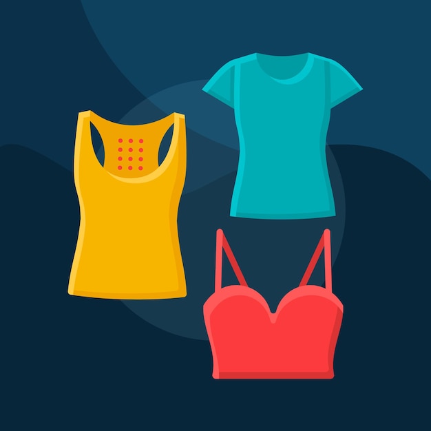 Icono de vector de concepto plano de blusas. Conjunto de ilustraciones en color de dibujos animados de idea de moda para mujer. Camiseta, camiseta sin mangas, crop top. Estilo casual. Ropa de verano. Traje deportivo. Elemento de diseño gráfico aislado
