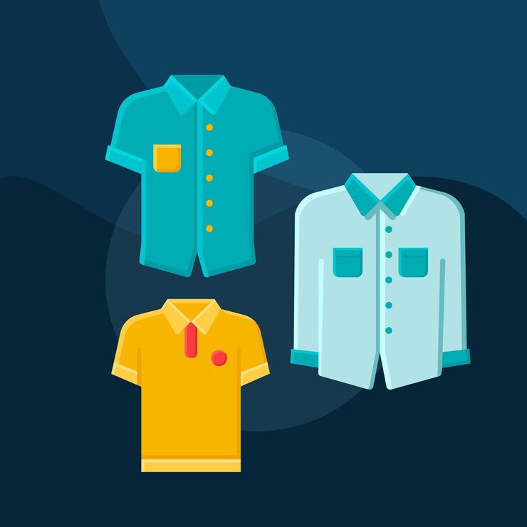 Vector icono de vector de concepto plano de camisas. conjunto de ilustraciones en color de dibujos animados de ideas de moda para hombres. tienda de ropa. traje de estilo informal. ropa de caballero. polos, camisetas de manga larga y corta. elemento de diseño gráfico aislado