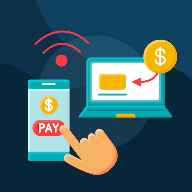 Icono de vector de concepto plano de pago de facturas en línea. Conjunto de ilustraciones en color de dibujos animados de banca por Internet. Pago movil. Comercio electrónico. Las compras en línea. Factura, factura, cheque pago electrónico. Elemento de diseño gráfico aislado