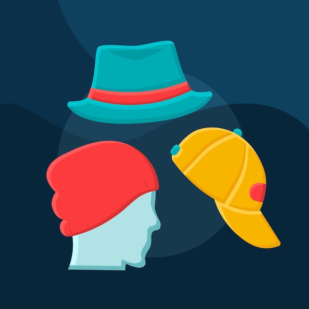 Icono de vector de concepto plano de sombreros. conjunto de ilustraciones en color de dibujos animados de idea de sombreros para hombres. traje de estilo informal. tienda de accesorios masculinos. gorros, trilby y gorras de béisbol. elemento de diseño gráfico aislado