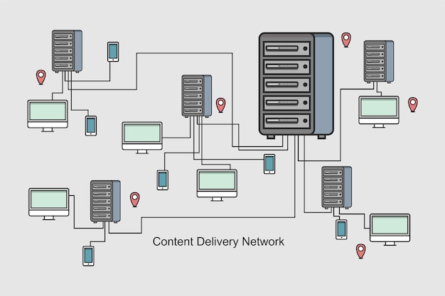 Icono de vector de Content Delivery Network o Content Distribution Network CDN con servidor y usuario