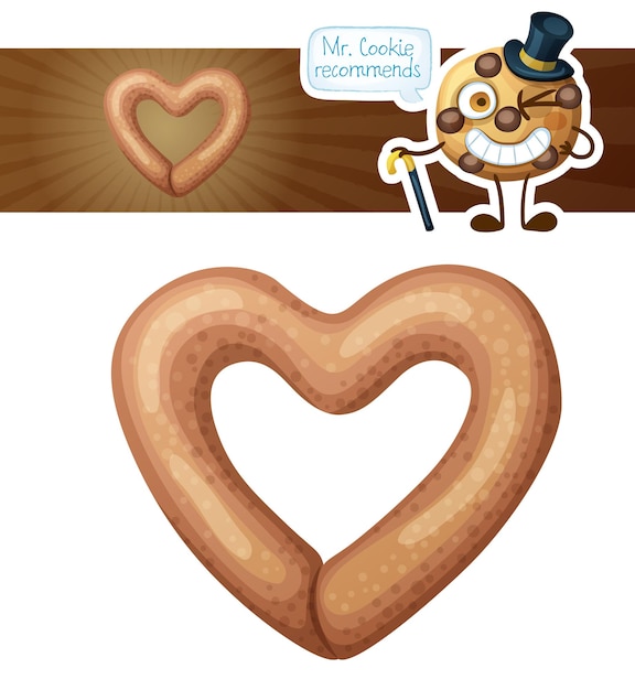 Icono de vector de dibujos animados de ilustración de galleta de pretzel en forma de corazón aislado en blanco