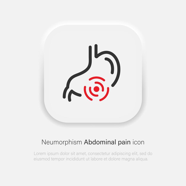 Icono de vector de dolor de estómago. Símbolo de dolor abdominal estomacal en estilo neumorfismo. Diseño neumórfico. EPS vectoriales 10