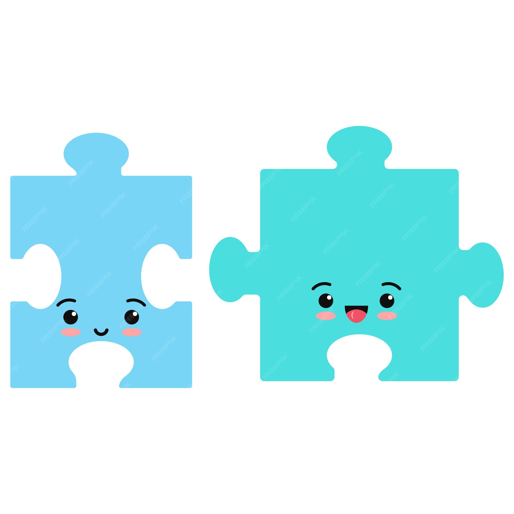 Icono de vector emoji de piezas de rompecabezas aislado sobre fondo blanco. mascota de estilo de dibujos animados kawaii sonriendo ilustración de rompecabezas. conjunto de personajes de emoticonos lindos de diseño