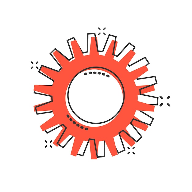 Icono de vector de engranaje en estilo cómic Ilustración de dibujos animados de rueda dentada sobre fondo blanco aislado Concepto de negocio de efecto de salpicadura de rueda dentada