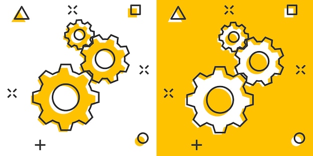 Icono de vector de engranaje en estilo cómic Ilustración de dibujos animados de rueda dentada sobre fondo blanco aislado Concepto de negocio de efecto de salpicadura de rueda dentada