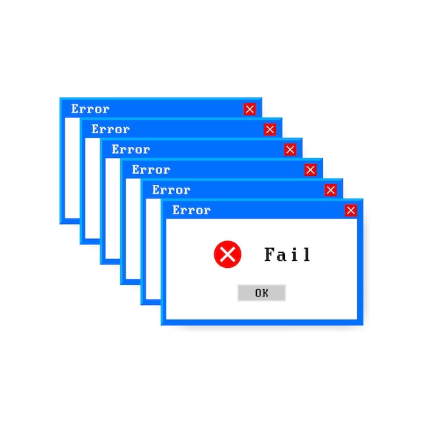 Icono de vector de error del sistema interfaz de pc de falla mensaje de error ventana emergente de alerta de ventana de computadora