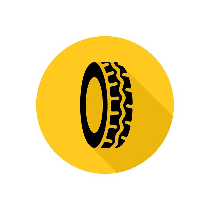 Icono de vector de estilo plano de neumático. Icono negro y amarillo de forma redonda.