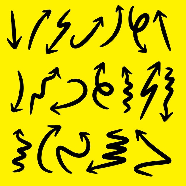 Icono de vector de flecha dibujado a mano conjunto de diseños de flecha en fondo amarillo