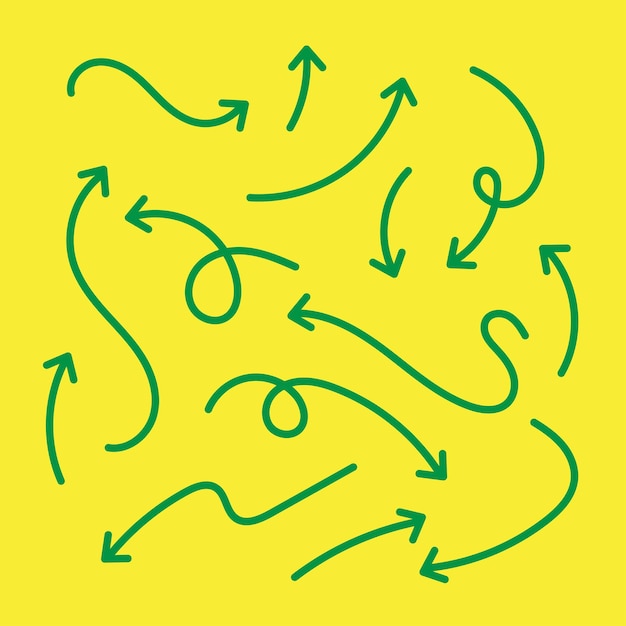 Icono de vector de flecha dibujado a mano conjunto de diseños de flecha en fondo amarillo