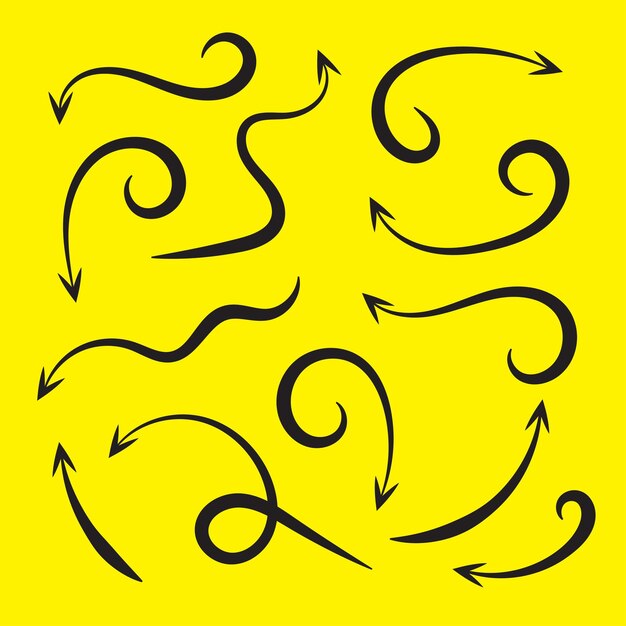 Icono de vector de flecha dibujado a mano conjunto de diseños de flecha en fondo amarillo
