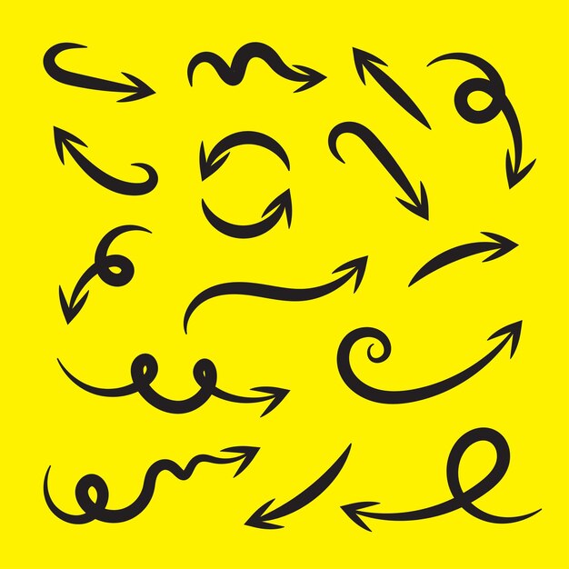 Icono de vector de flecha dibujado a mano conjunto de diseños de flecha en fondo amarillo