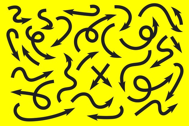 Icono de vector de flecha dibujado a mano conjunto de diseños de flecha en fondo amarillo