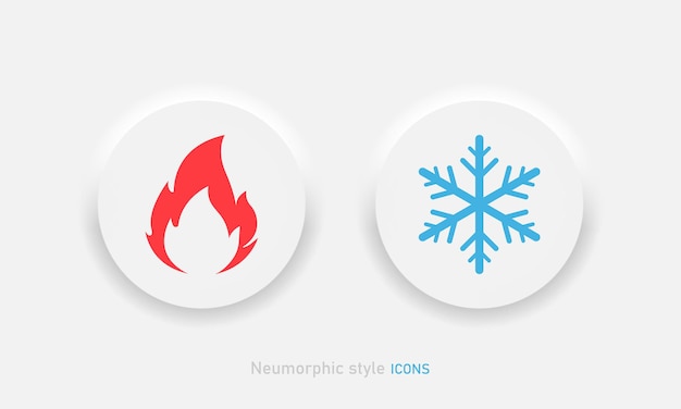 Icono de vector de frío y calor en estilo neumorphic. Botones de fuego y nieve en diseño de interfaz de usuario de neumorfismo para aplicaciones móviles o de escritorio. Eps vectoriales 10