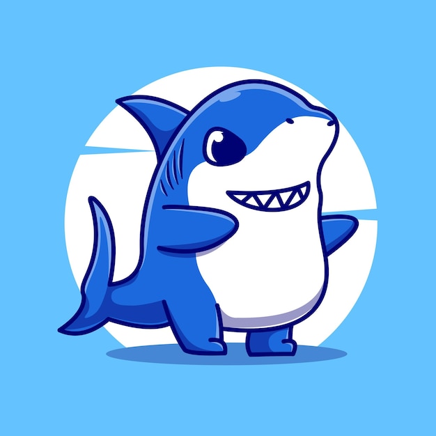 Icono de vector de ilustración de mascota de dibujos animados lindo de pie de tiburón